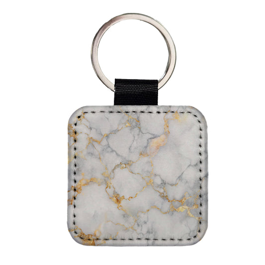 White Gold Marble Background Watercolor Square Faux Leather Keychain