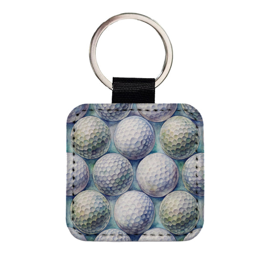 White Golf Balls Watercolor Square Faux Leather Keychain