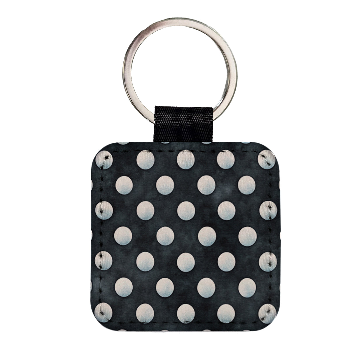White Polka Dots Black Background Square Faux Leather Keychain