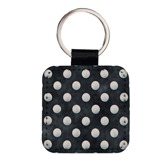 White Polka Dots Black Background Square Faux Leather Keychain