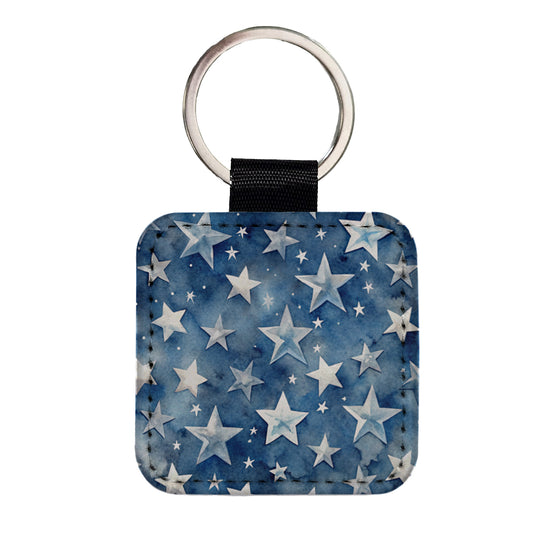 White Stars Blue Background Watercolor Square Faux Leather Keychain