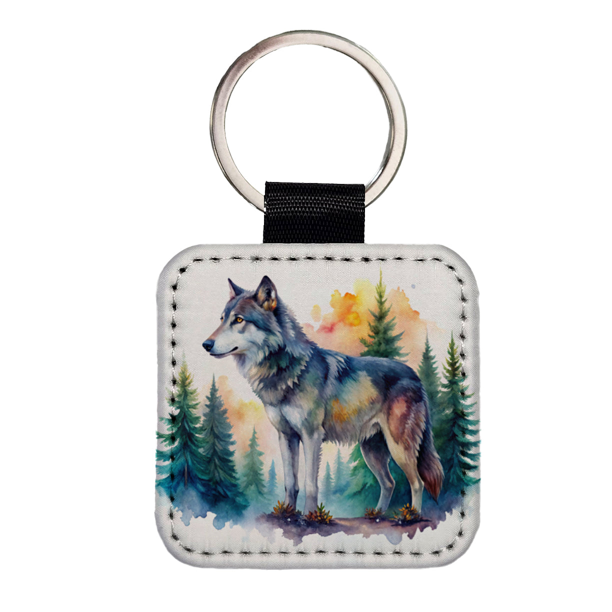 Wolf In Forest Watercolor Design Square Faux Leather Keychain