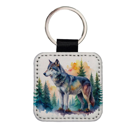 Wolf In Forest Watercolor Design Square Faux Leather Keychain