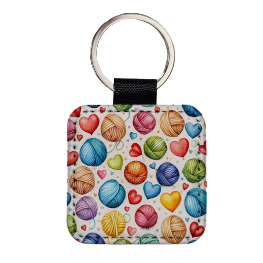 Yarn Knitting Crochet Balls Hearts Watercolor Square Faux Leather Keychain