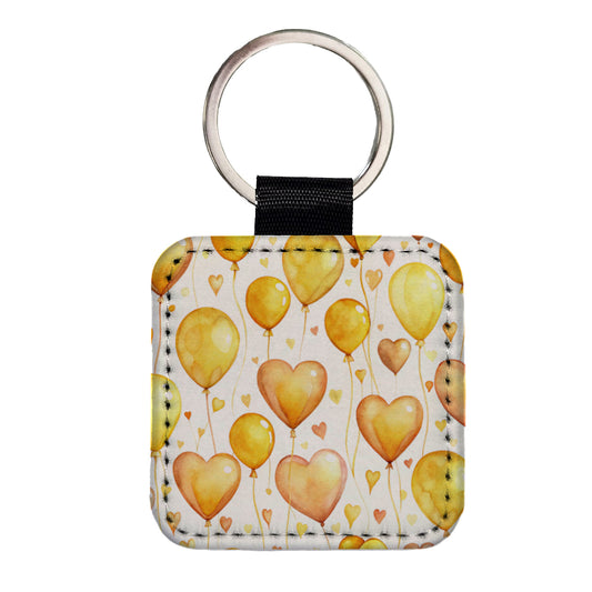 Yellow Balloons Hearts Watercolor Square Faux Leather Keychain