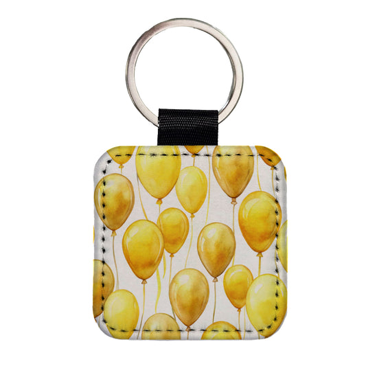 Yellow Balloons Watercolor Square Faux Leather Keychain