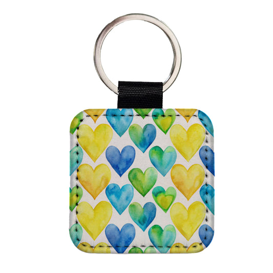Yellow Blue Green Hearts Watercolor Square Faux Leather Keychain