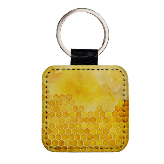 Yellow Honeycomb Background Watercolor Square Faux Leather Keychain