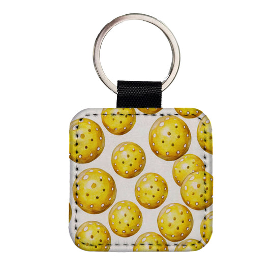 Yellow Pickleballs Watercolor Square Faux Leather Keychain