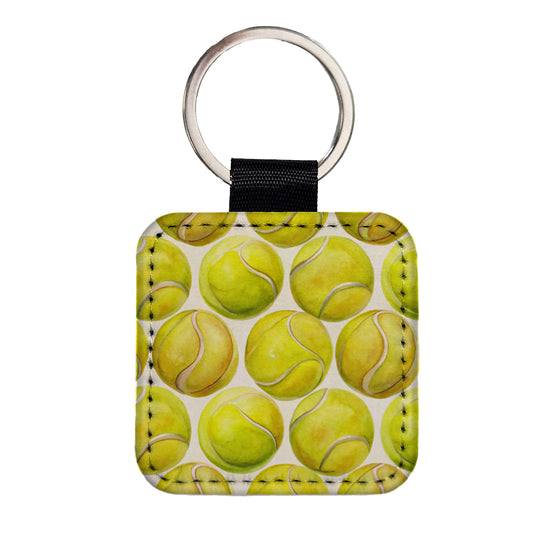 Yellow Tennis Balls Watercolor Square Faux Leather Keychain