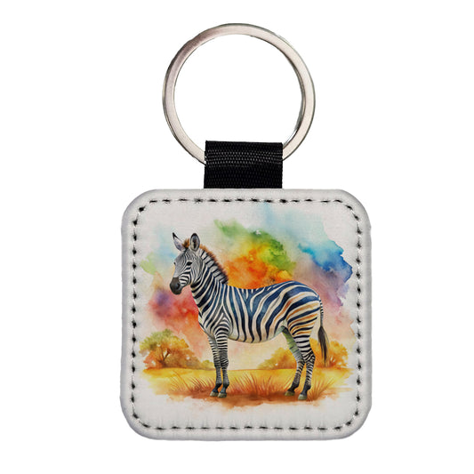 Zebra African Plain Watercolor Design Square Faux Leather Keychain