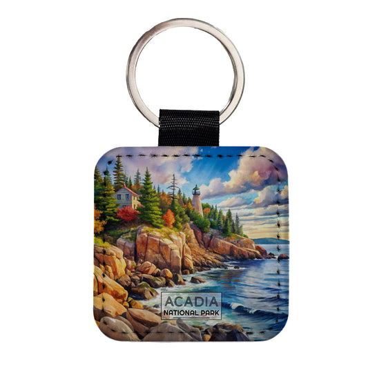 Acadia National Park Maine Watercolor Square Faux Leather Keychain