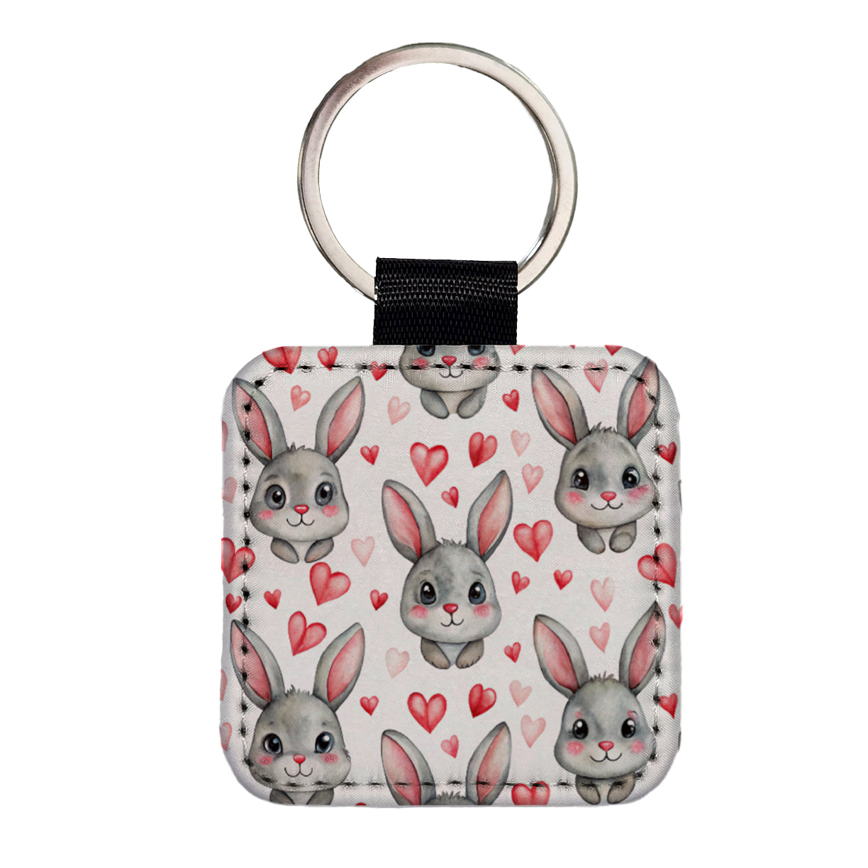 Adorable Gray Bunnies And Hearts Square Faux Leather Keychain