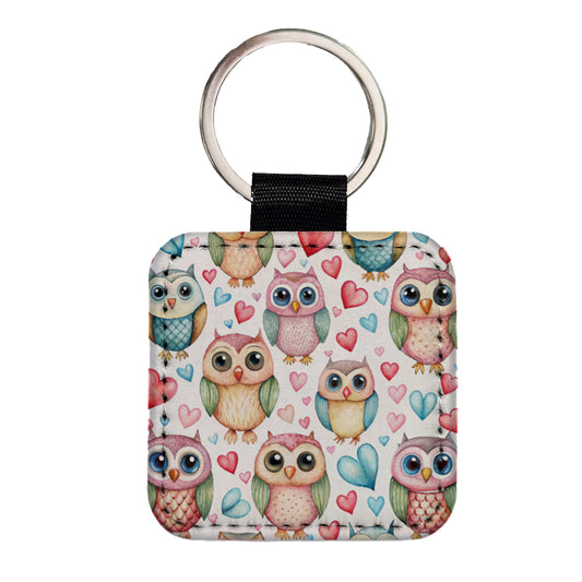 Adorable Owls And Hearts Square Faux Leather Keychain
