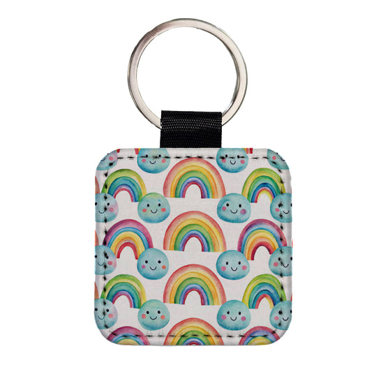 Adorable Smiling Rainbows Clouds Square Faux Leather Keychain