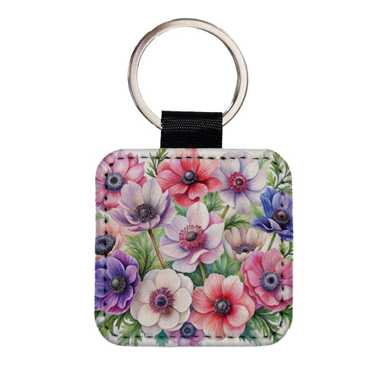 Anemone Flowers Watercolor Square Faux Leather Keychain