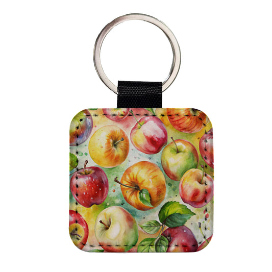 Apples Fruit Watercolor Square Faux Leather Keychain