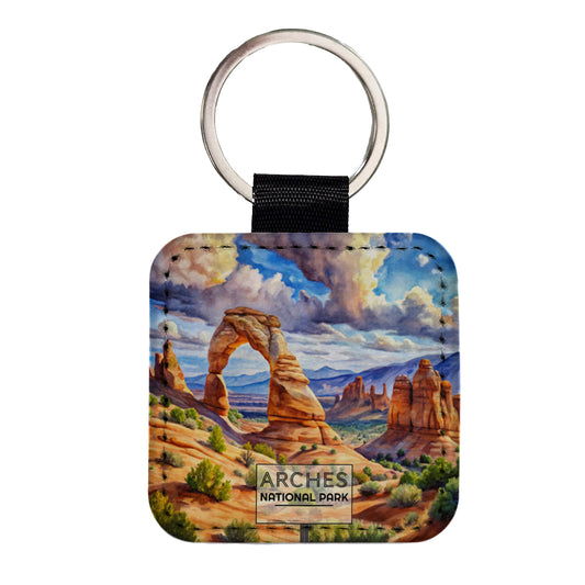 Arches National Park Utah Watercolor Square Faux Leather Keychain
