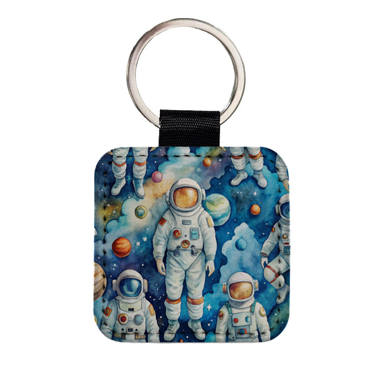Astronauts In Space Watercolor Square Faux Leather Keychain