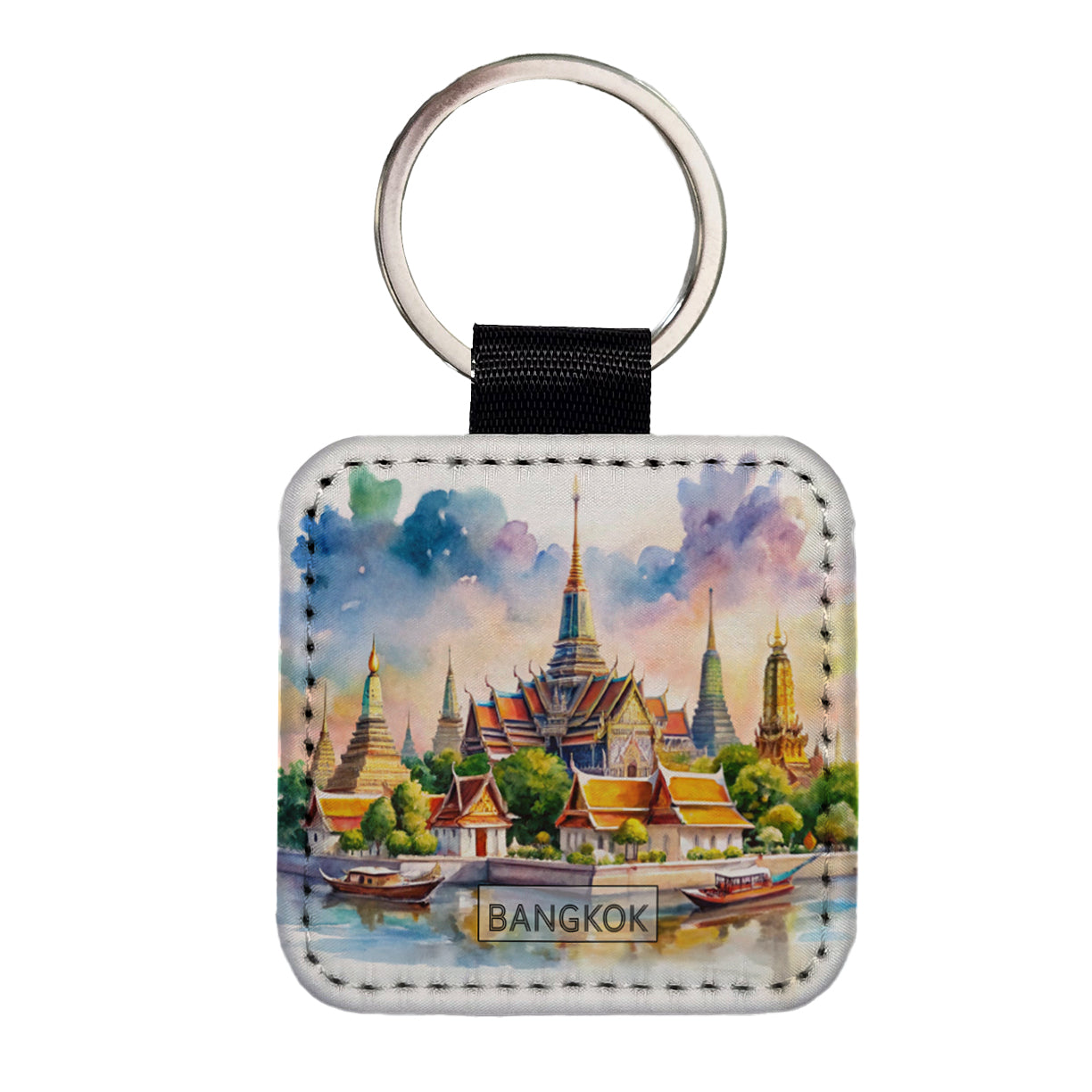 Bangkok Thailand Travel City Watercolor Square Faux Leather Keychain
