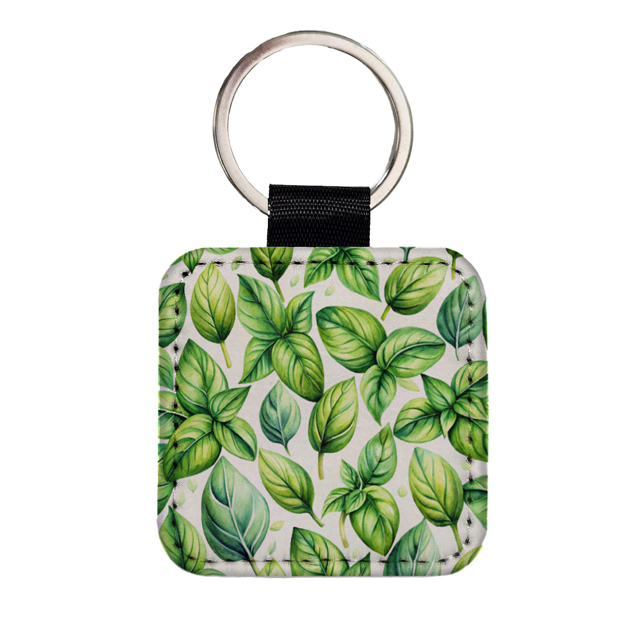 Basil Herbs Watercolor Square Faux Leather Keychain