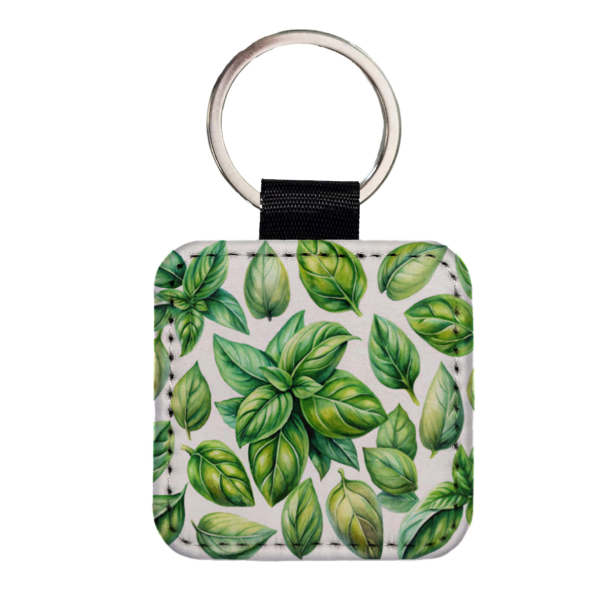 Basil Leaves Watercolor Square Faux Leather Keychain