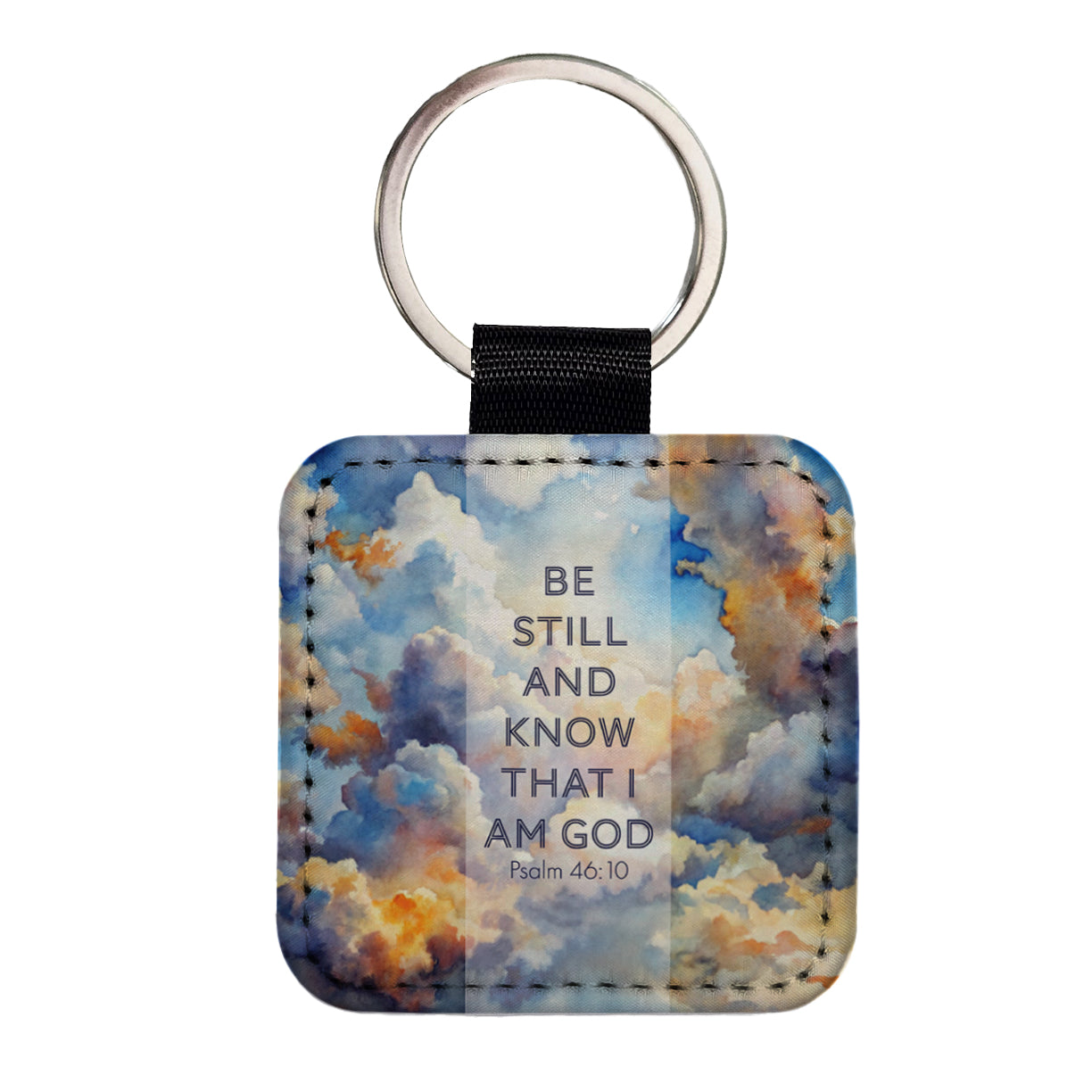 Be Still Know That I Am God Clouds Heavens Psalm Christian Inspirational Square Faux Leather Keychain
