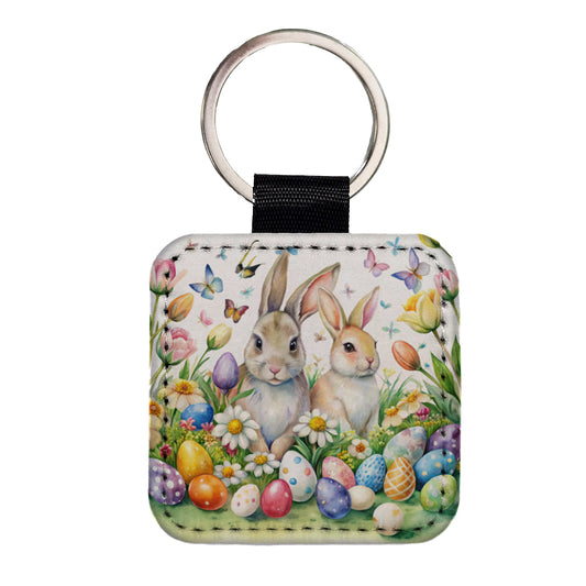 Beautiful Easter Bunnies Rabbits Eggs Flowers Square Faux Leather Keychain