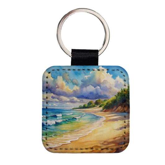 Beautiful Sandy Beach Watercolor Square Faux Leather Keychain