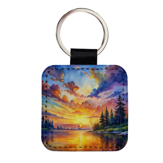 Beautiful Sunrise Watercolor Square Faux Leather Keychain