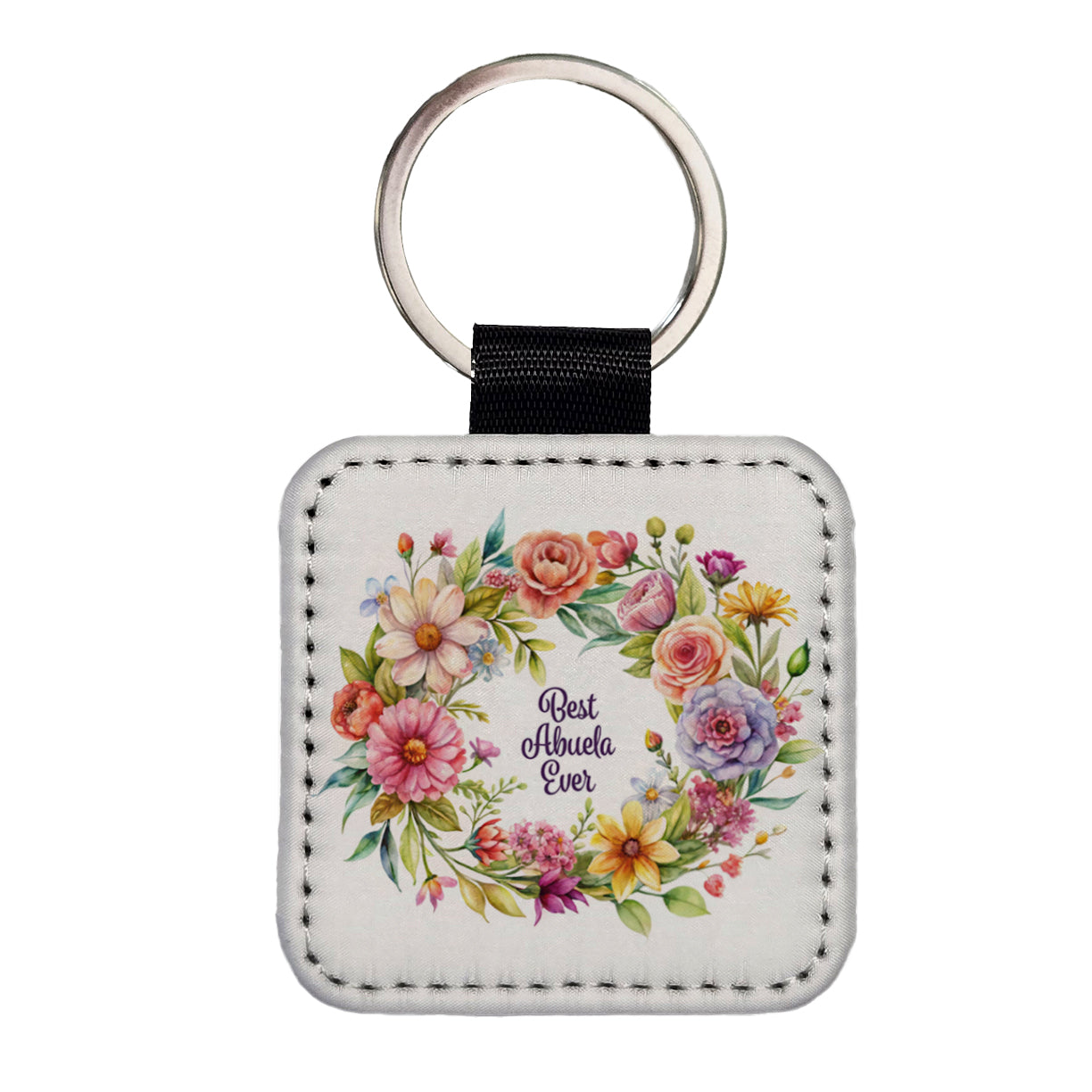 Best Abuela Spanish Grandma Ever Flowers Square Faux Leather Keychain