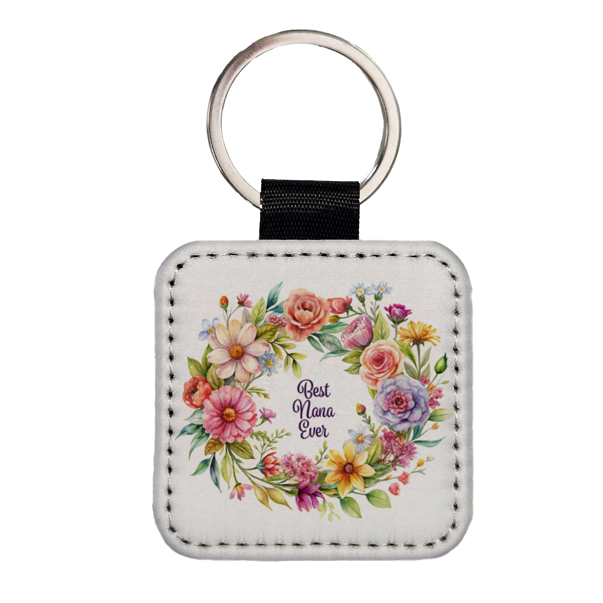 Best Nana Grandma Ever Flowers Square Faux Leather Keychain
