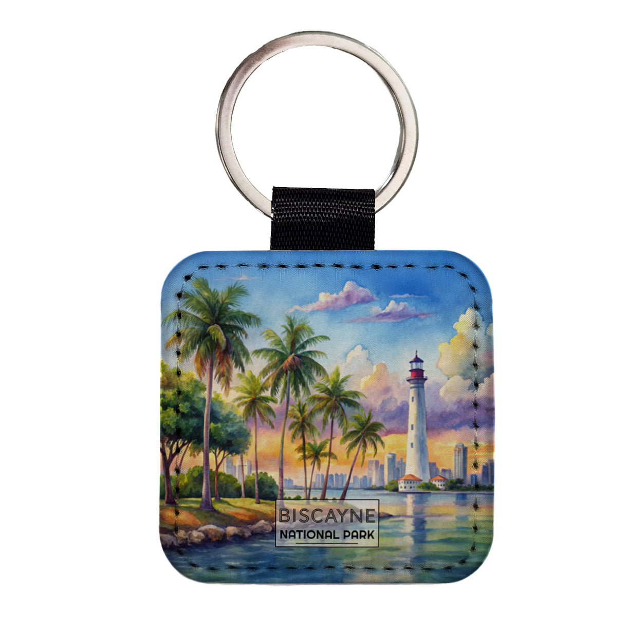 Biscayne National Park Florida Watercolor Square Faux Leather Keychain