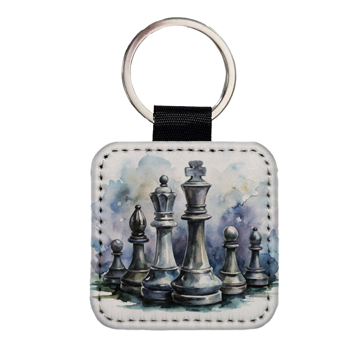 Black And White Chess Pieces Watercolor Square Faux Leather Keychain