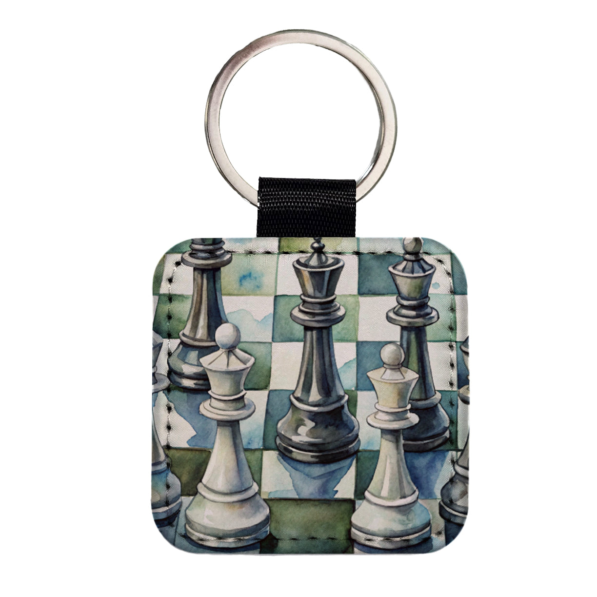 Black White Chess Pieces Watercolor Square Faux Leather Keychain