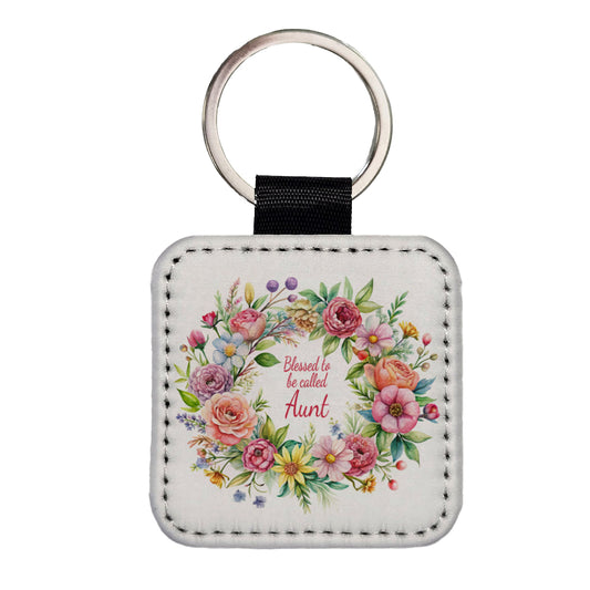 Blessed To Be Called Aunt Flowers Floral Square Faux Leather Keychain