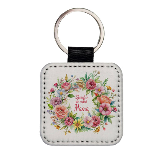 Blessed To Be Called Mama Flowers Floral Square Faux Leather Keychain
