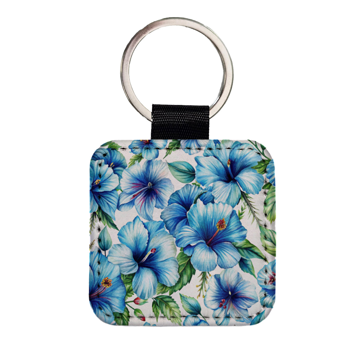 Blue Hibiscus Flowers Watercolor Square Faux Leather Keychain