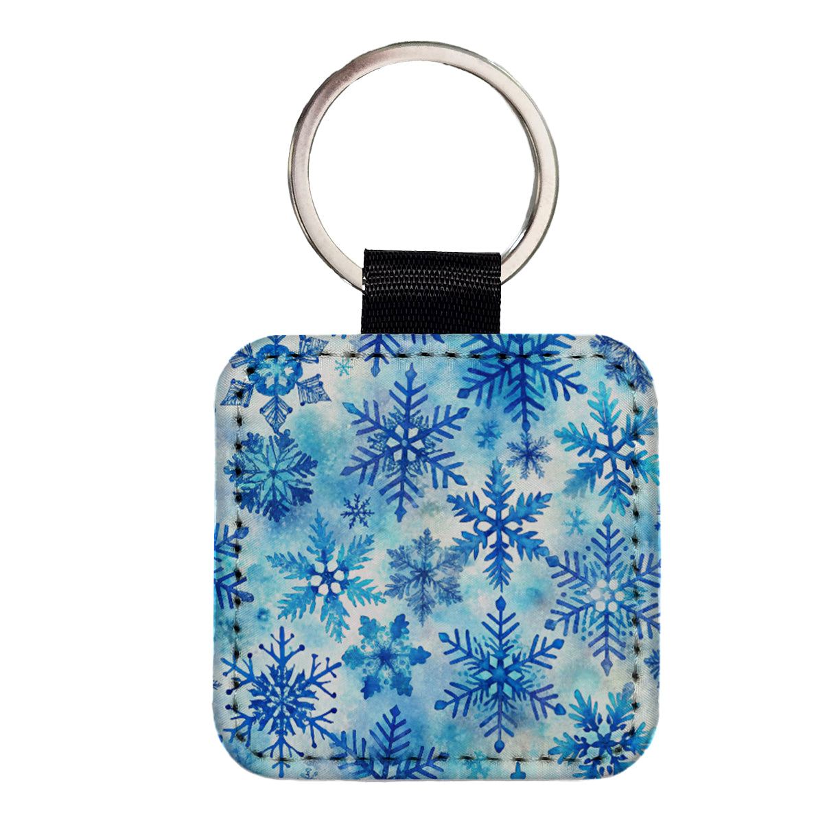 Blue Snowflakes Watercolor Square Faux Leather Keychain