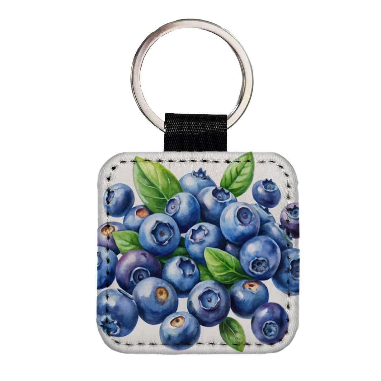 Blueberries Fruit Watercolor Square Faux Leather Keychain