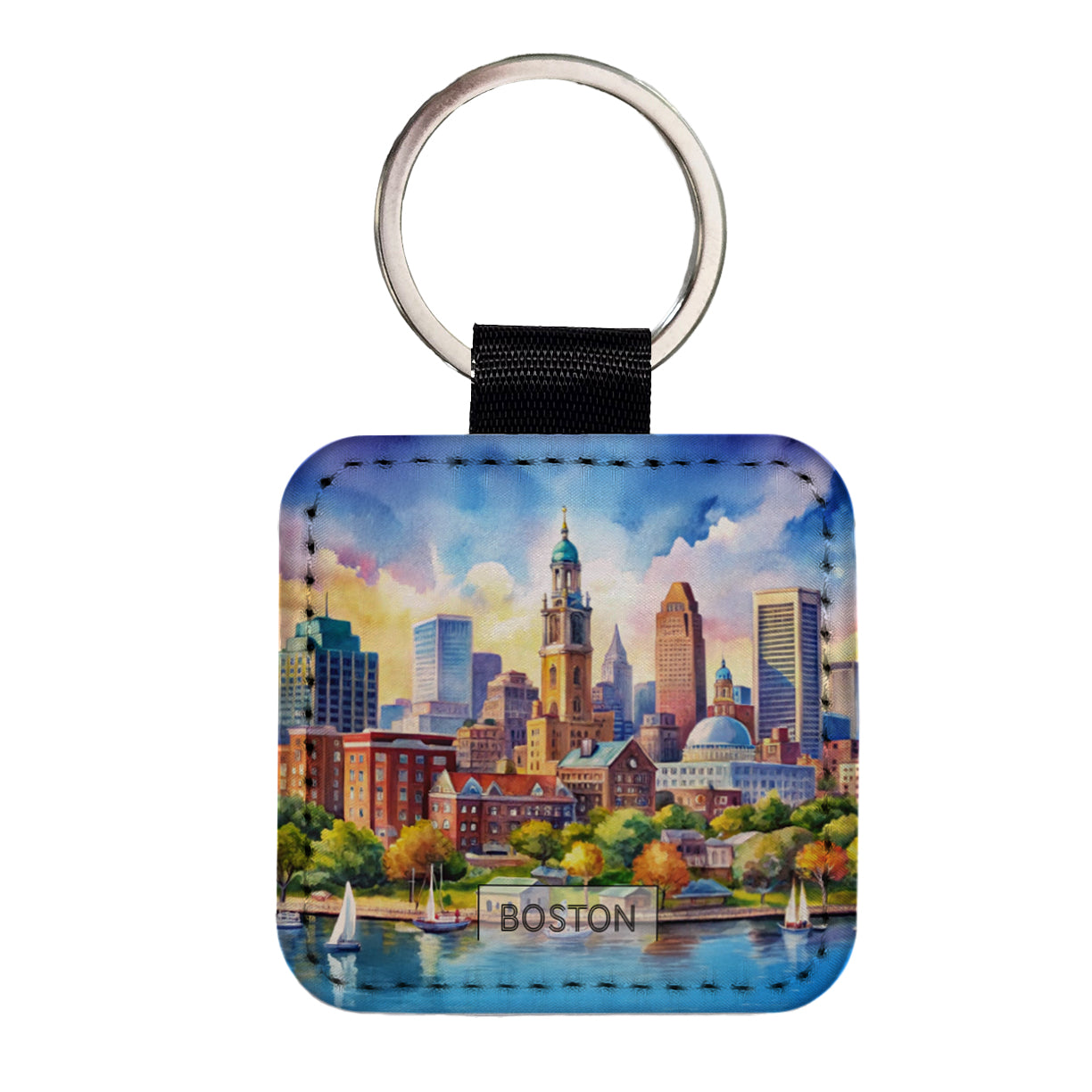 Boston Massachusetts Travel City Watercolor Square Faux Leather Keychain