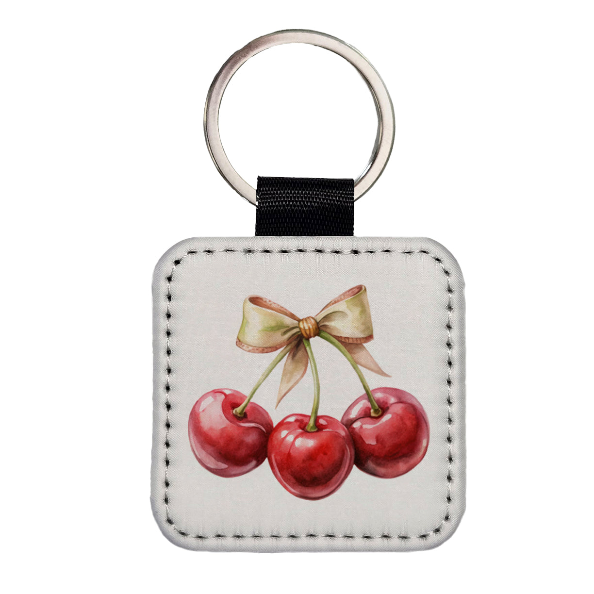 Bow Tied Around Cherries Coquette Square Faux Leather Keychain