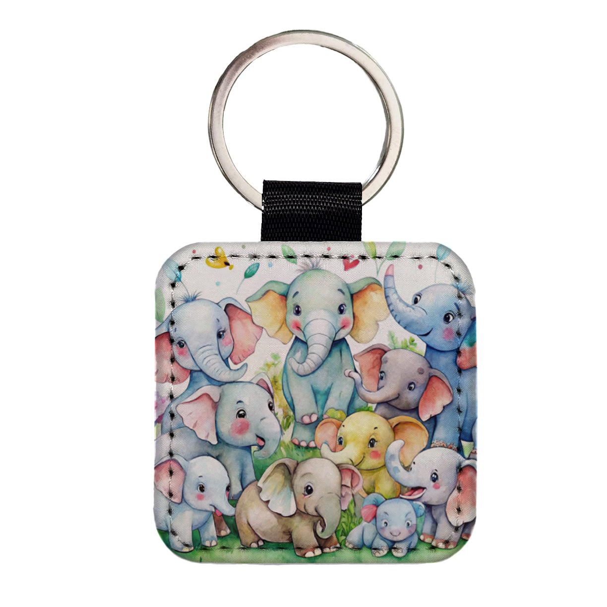 Bunch Of Cute Elephants Watercolor Square Faux Leather Keychain