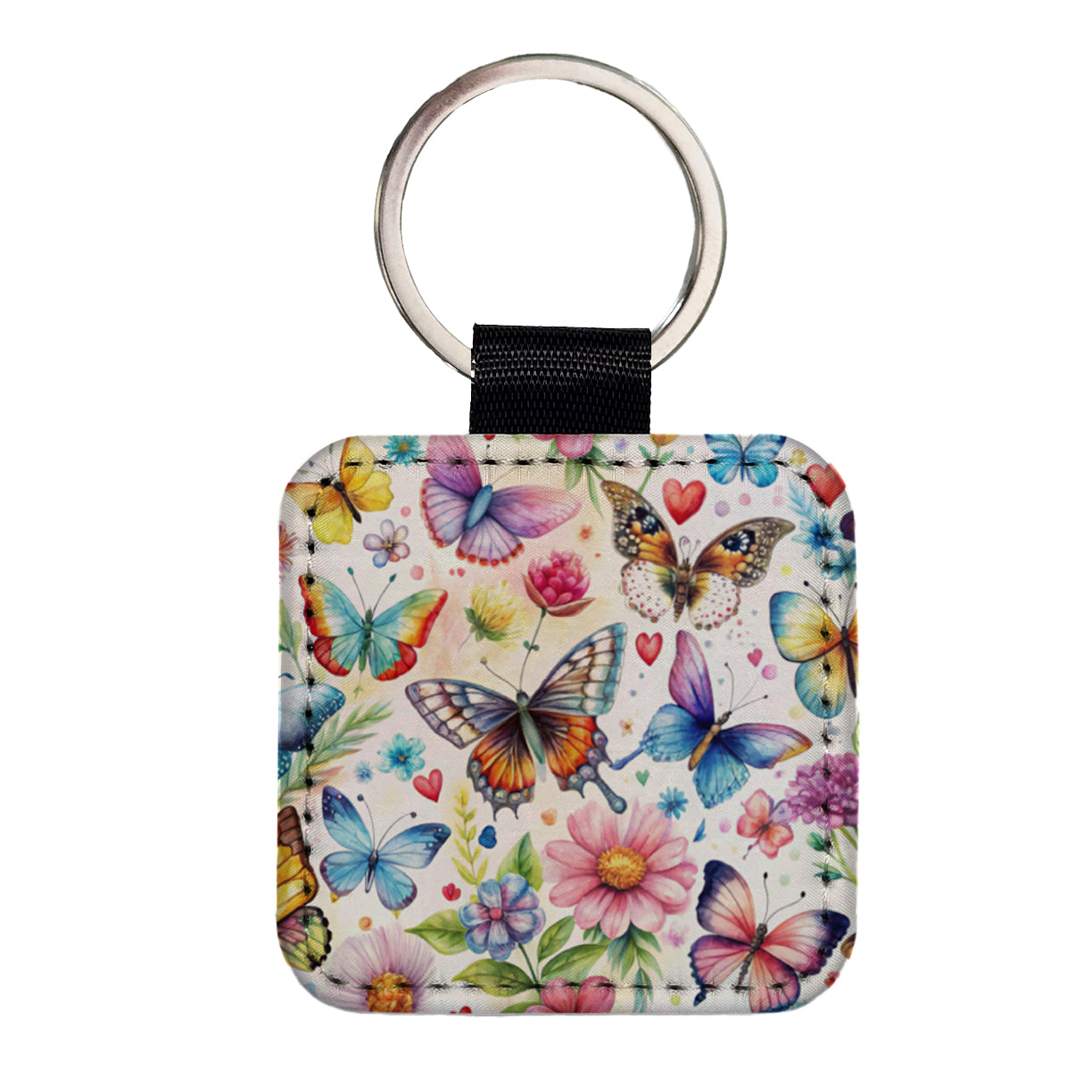 Butterflies Hearts Flowers Beautiful Watercolor Square Faux Leather Keychain