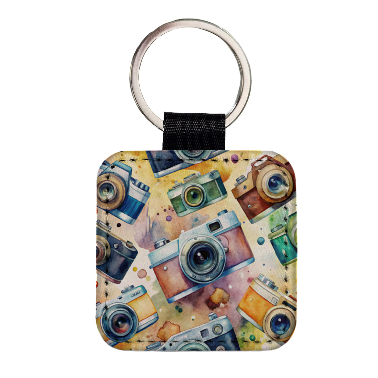 Cameras Retro 35mm Scattered Photographer Photography Watercolor Square Faux Leather Keychain