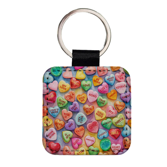 Candy Conversation Hearts Candy Valentine's Day Love Square Faux Leather Keychain