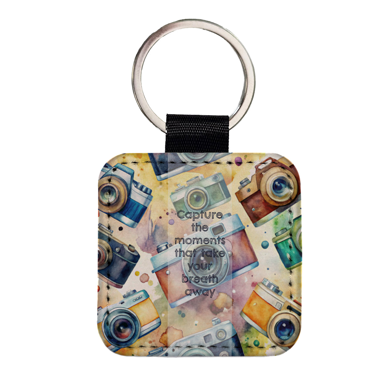 Capture Moments Take Breath Away Cameras Photography Inspirational Square Faux Leather Keychain