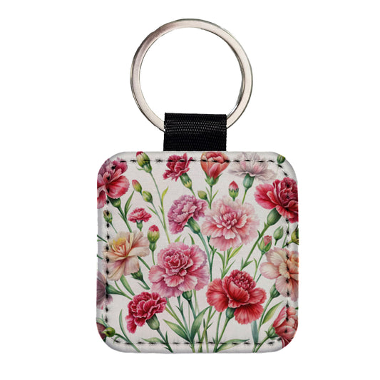 Carnations Flowers Watercolor Square Faux Leather Keychain