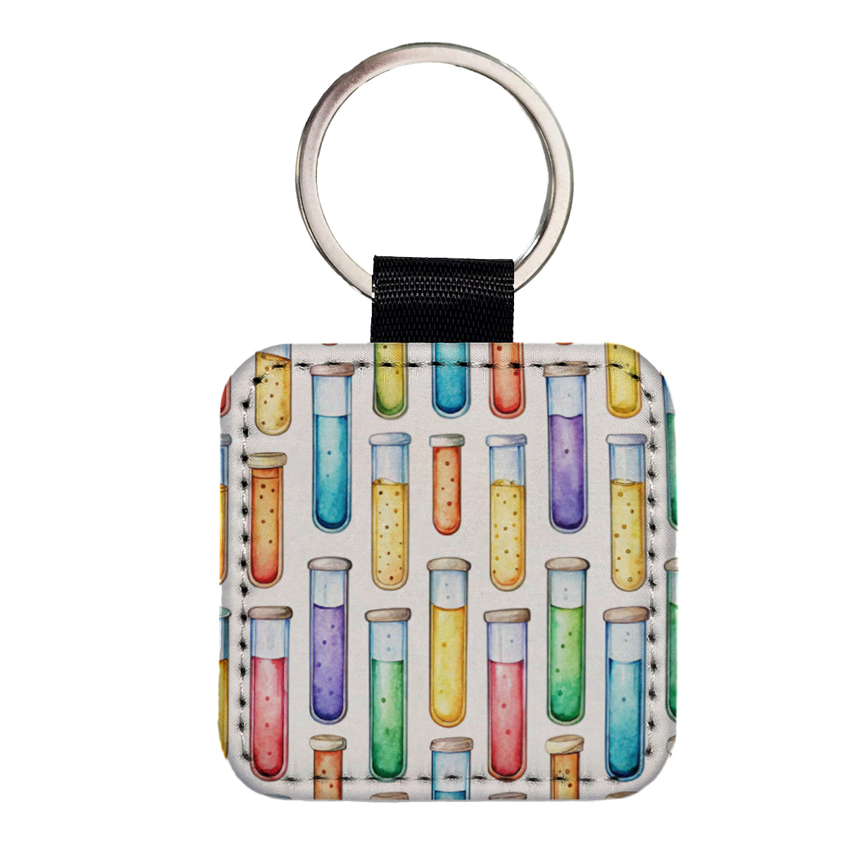 Cartoon Test Tubes Science Teacher Scientist Square Faux Leather Keychain