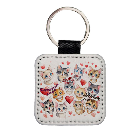 Cattitude 100 Percent Funny Cat Lovers Square Faux Leather Keychain